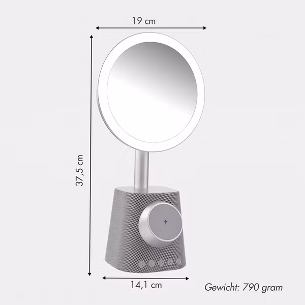 imoshion Make-up-Spiegel mit Bluetooth-Lautsprecher und kabellosem Ladegerät - Silber