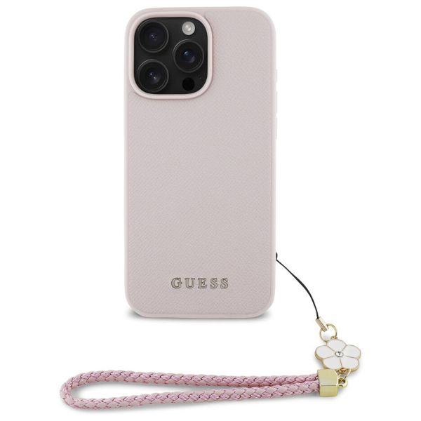 Guess Grained Back Cover MagSafe mit Flower Charm Strap für das iPhone 16 Pro - Rosa