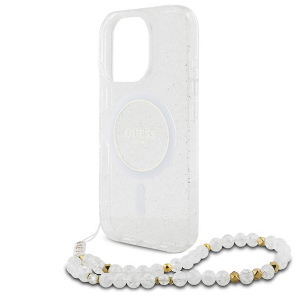 Guess MagSafe IML Glitter Case mit Beads Strap für das iPhone 16 Pro Max - Transparent